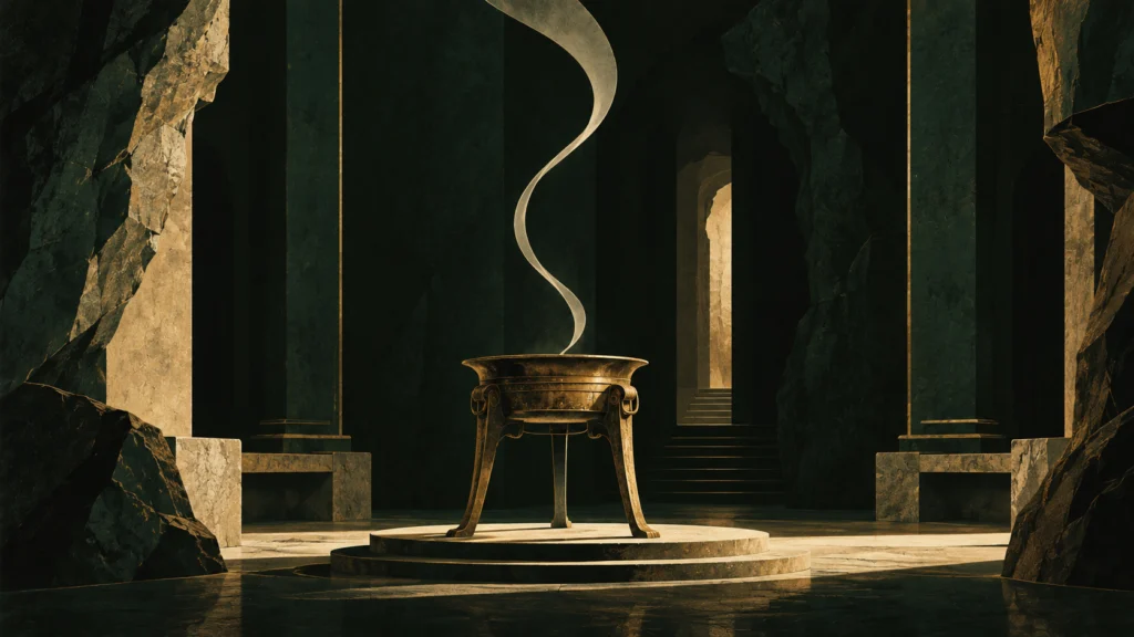 Bronze tripod cauldron trailing smoke between columns in a dark temple