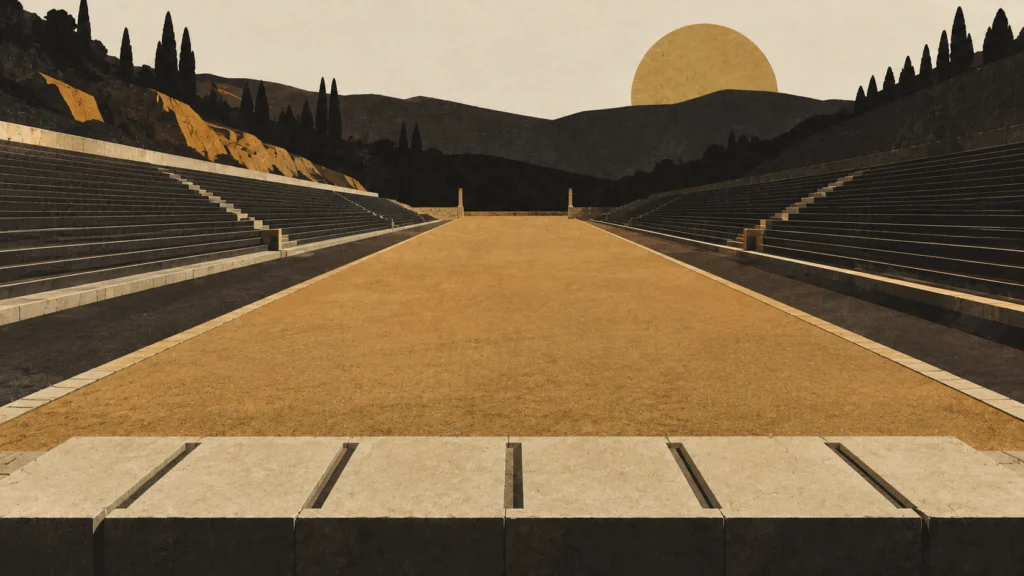 Empty ancient stadium track at dusk, the sun low between dark hills