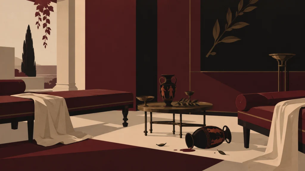 Empty Roman dining room in deep red with couches, draped cloth and a toppled amphora