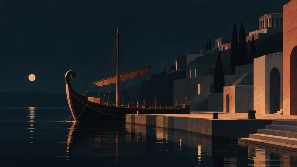 Ancient galley moored at a moonlit stone quay below a hilltop temple