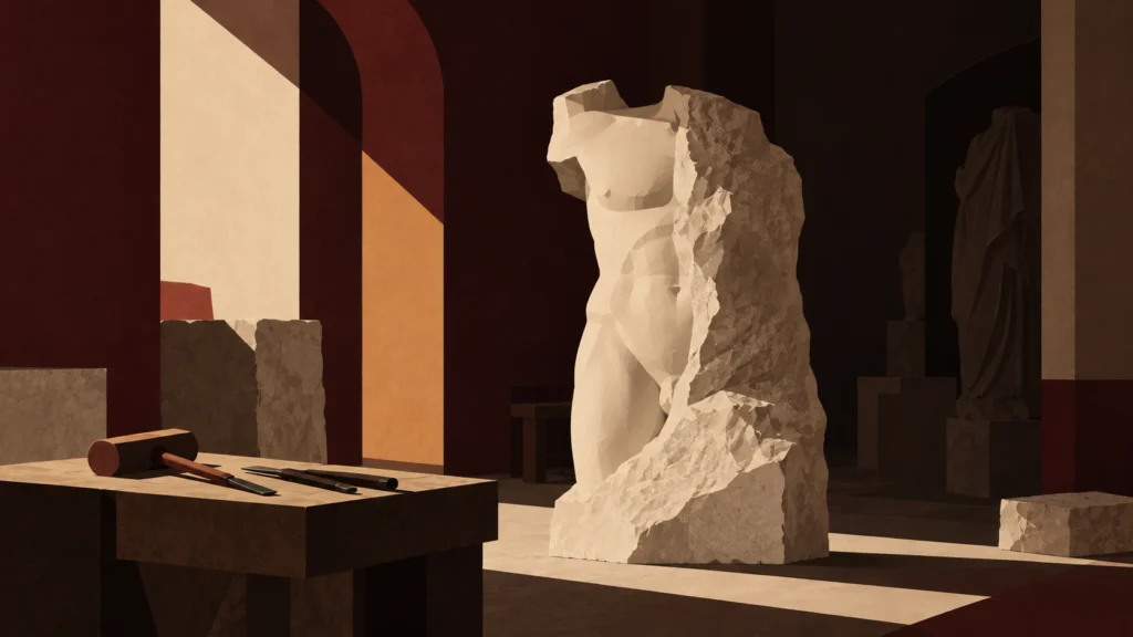 Unfinished marble torso emerging from a rough block in a sculptor’s workshop