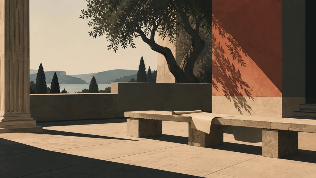 Sunlit colonnade courtyard with a stone bench, an unrolled scroll and an olive tree before a terracotta wall