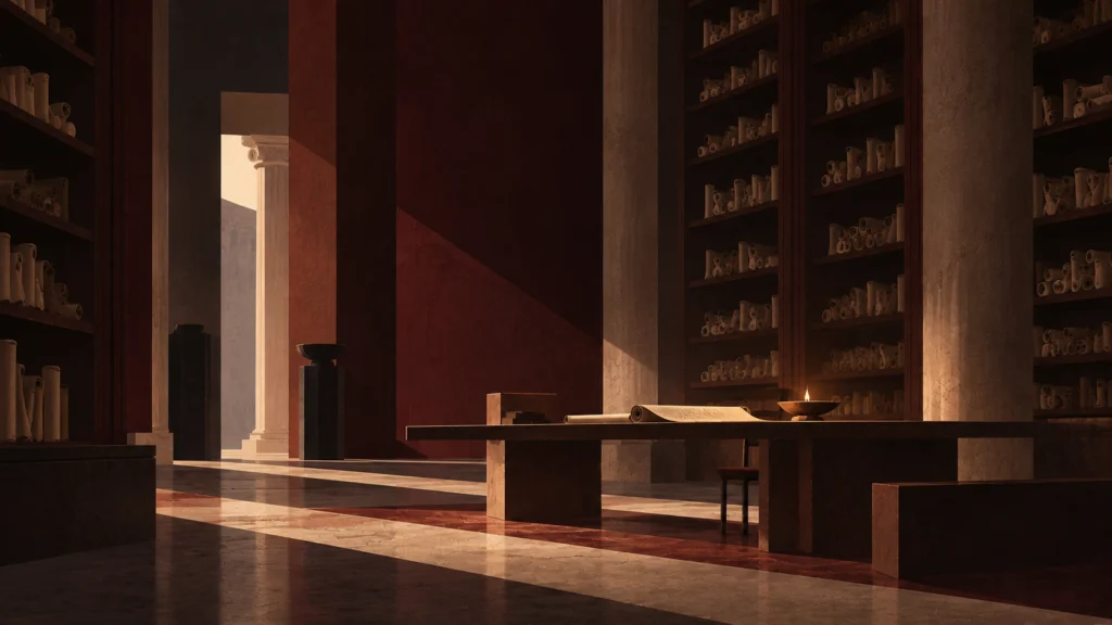 Ancient library hall with scroll-filled shelves, red walls, Ionic columns and a lit oil lamp on a long table