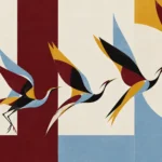 Stylised crane shown in five successive stages of take-off across coloured panels