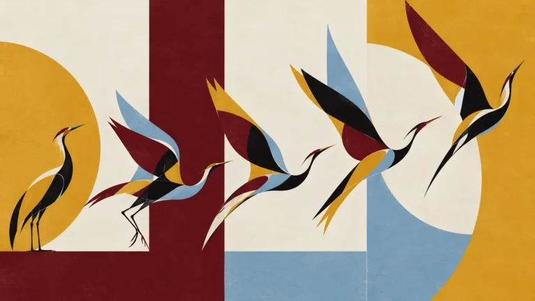 Stylised crane shown in five successive stages of take-off across coloured panels