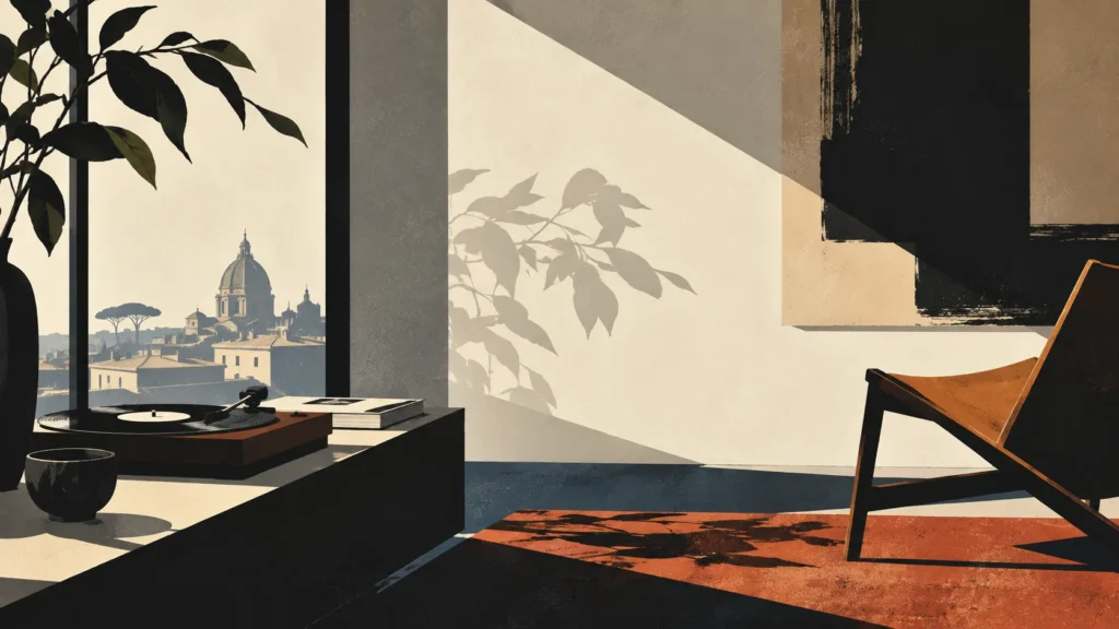 Record player on a low console by a window overlooking Roman domes and pines
