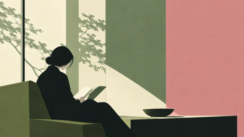 Woman reading a book in a green armchair with shadows of leaves on the wall