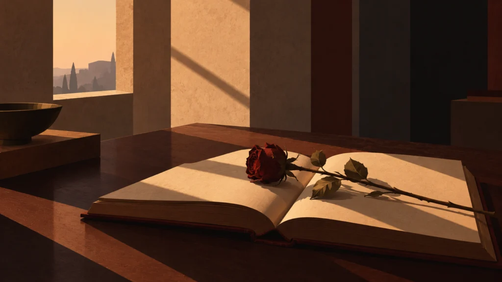 Open book on a dark table with a dried red rose across its pages in low evening sun