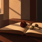 Open book on a dark table with a dried red rose across its pages in low evening sun