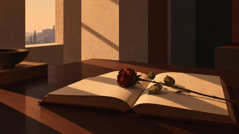 Open book on a dark table with a dried red rose across its pages in low evening sun