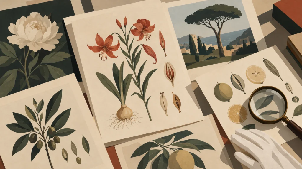 Botanical prints of a lily, peony, olive and citrus spread on a desk with a magnifying glass and a white glove