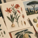 Botanical prints of a lily, peony, olive and citrus spread on a desk with a magnifying glass and a white glove