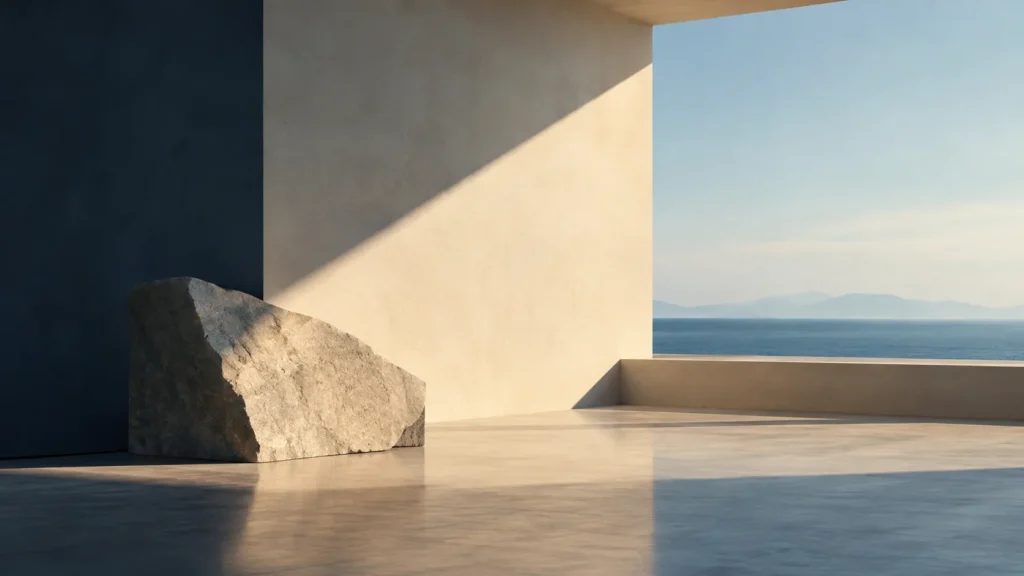 Rough boulder in a sunlit concrete room that opens onto a calm blue sea