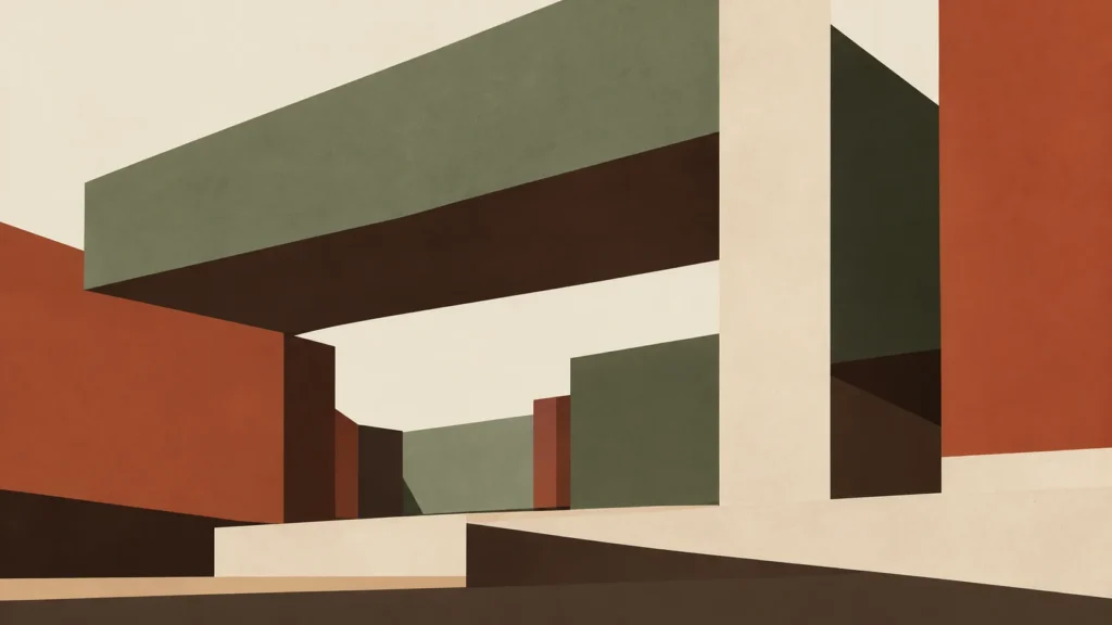 Illustration of a modernist building with a cantilevered green slab and rust walls