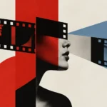 Collage of a woman's profile crossed by film strips and a blue projector beam