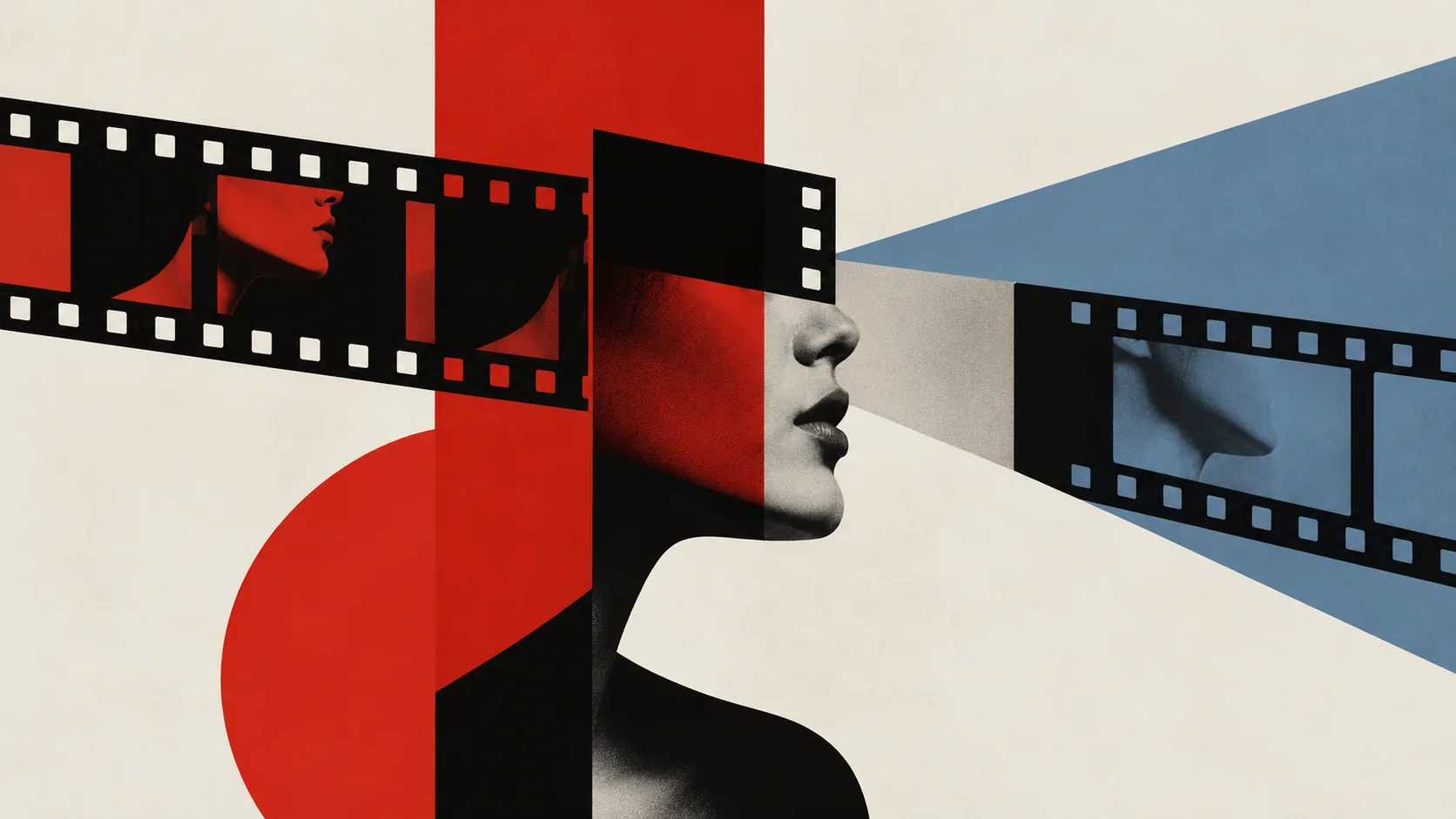 Collage of a woman's profile crossed by film strips and a blue projector beam