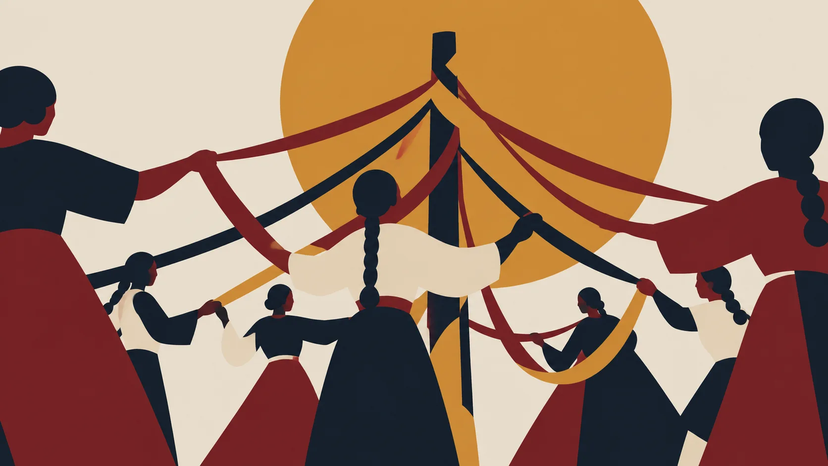 Women in folk dress dancing around a ribbon pole before a large orange sun