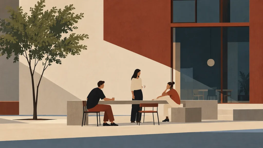 Three people talking around a concrete table outside a red modernist building