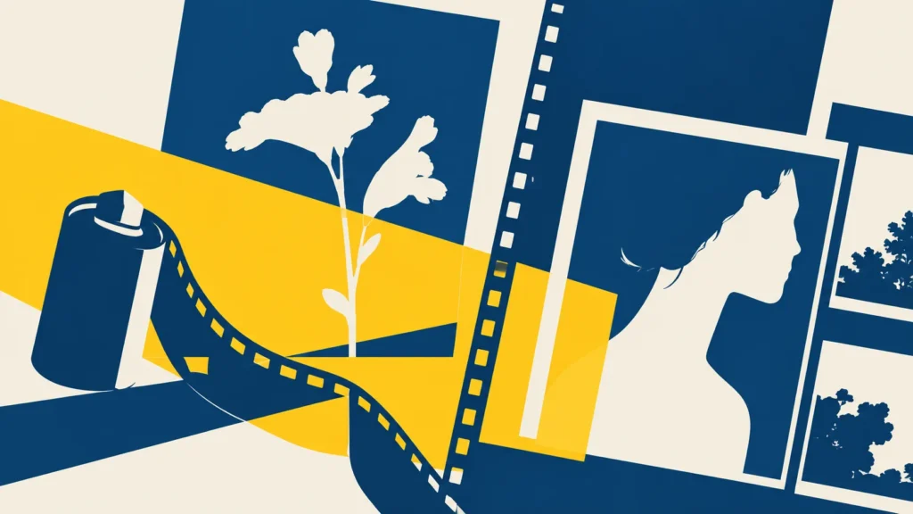 Film strip, a cyanotype flower and portrait prints in blue and yellow