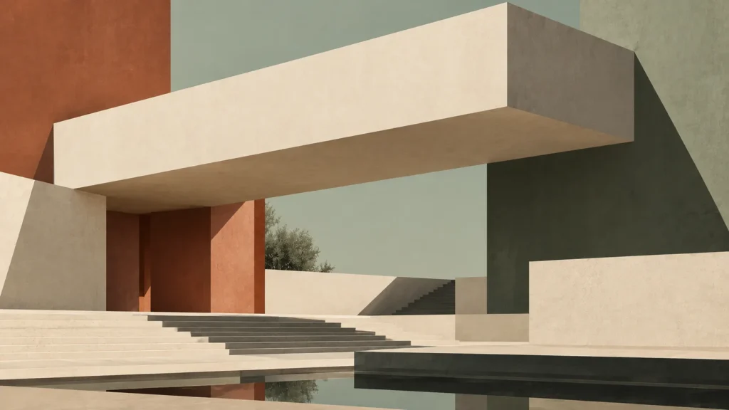 Modernist pavilion with a floating concrete slab, rust walls, steps and a reflecting pool
