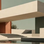 Modernist pavilion with a floating concrete slab, rust walls, steps and a reflecting pool