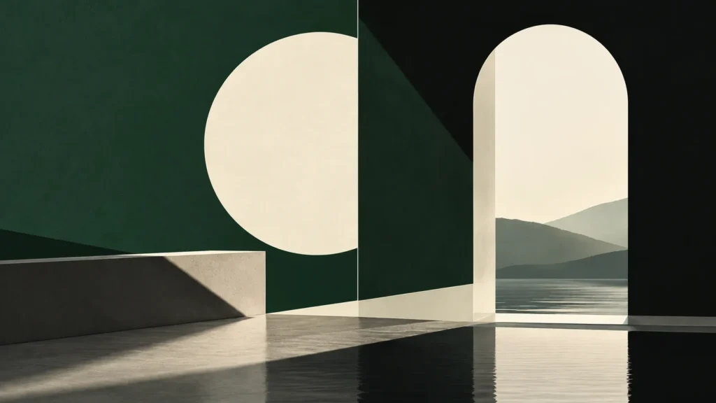 Dark green wall with a cream circle and an arched opening onto a misty lake