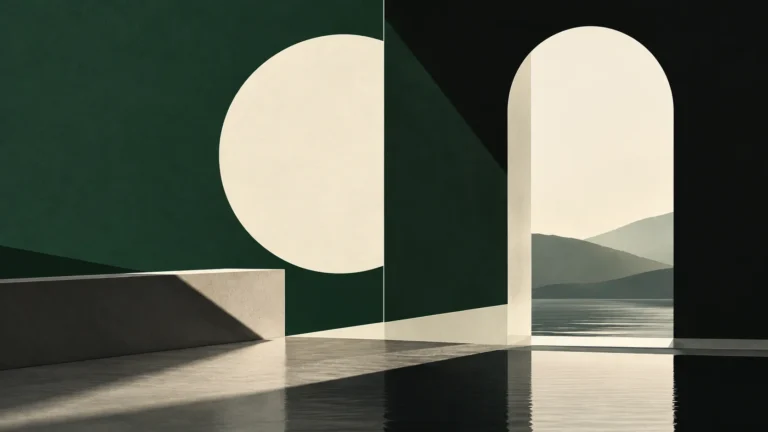 Dark green wall with a cream circle and an arched opening onto a misty lake
