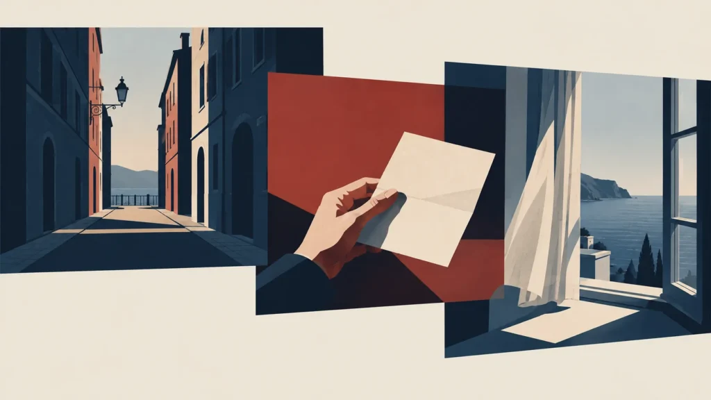 Three panels showing a seaside street, a hand holding a letter and an open window