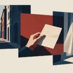 Three panels showing a seaside street, a hand holding a letter and an open window