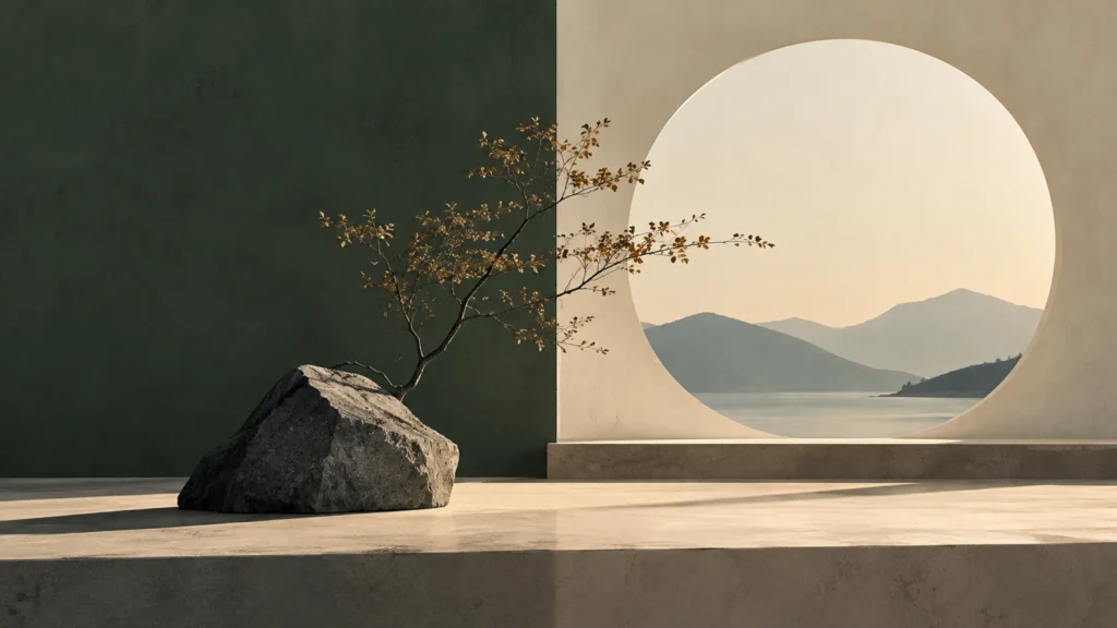 Boulder with a small autumn tree before a circular opening framing a lake and mountains