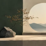 Boulder with a small autumn tree before a circular opening framing a lake and mountains