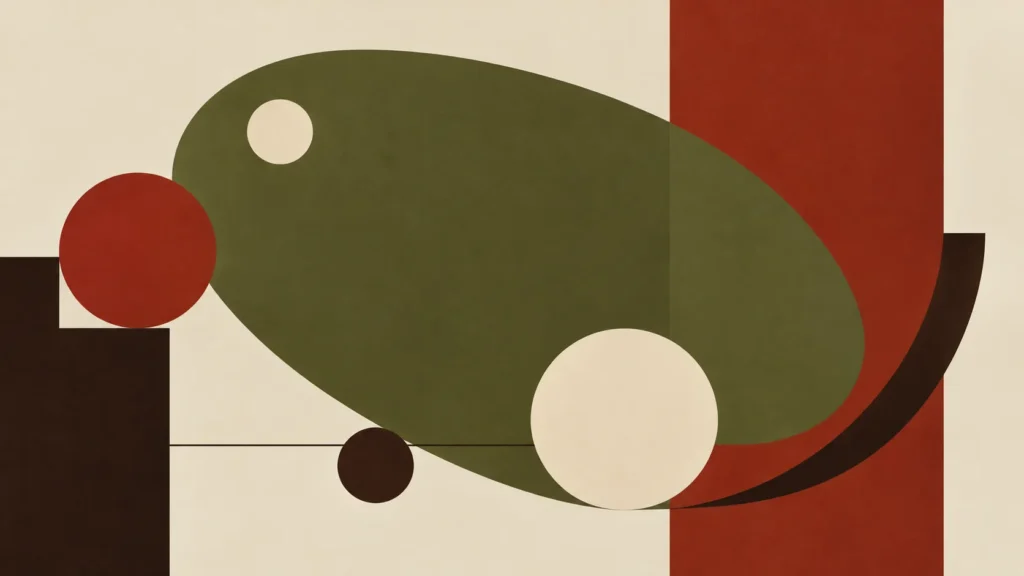 Abstract composition of an olive oval, a red bar and cream circles on a pale ground
