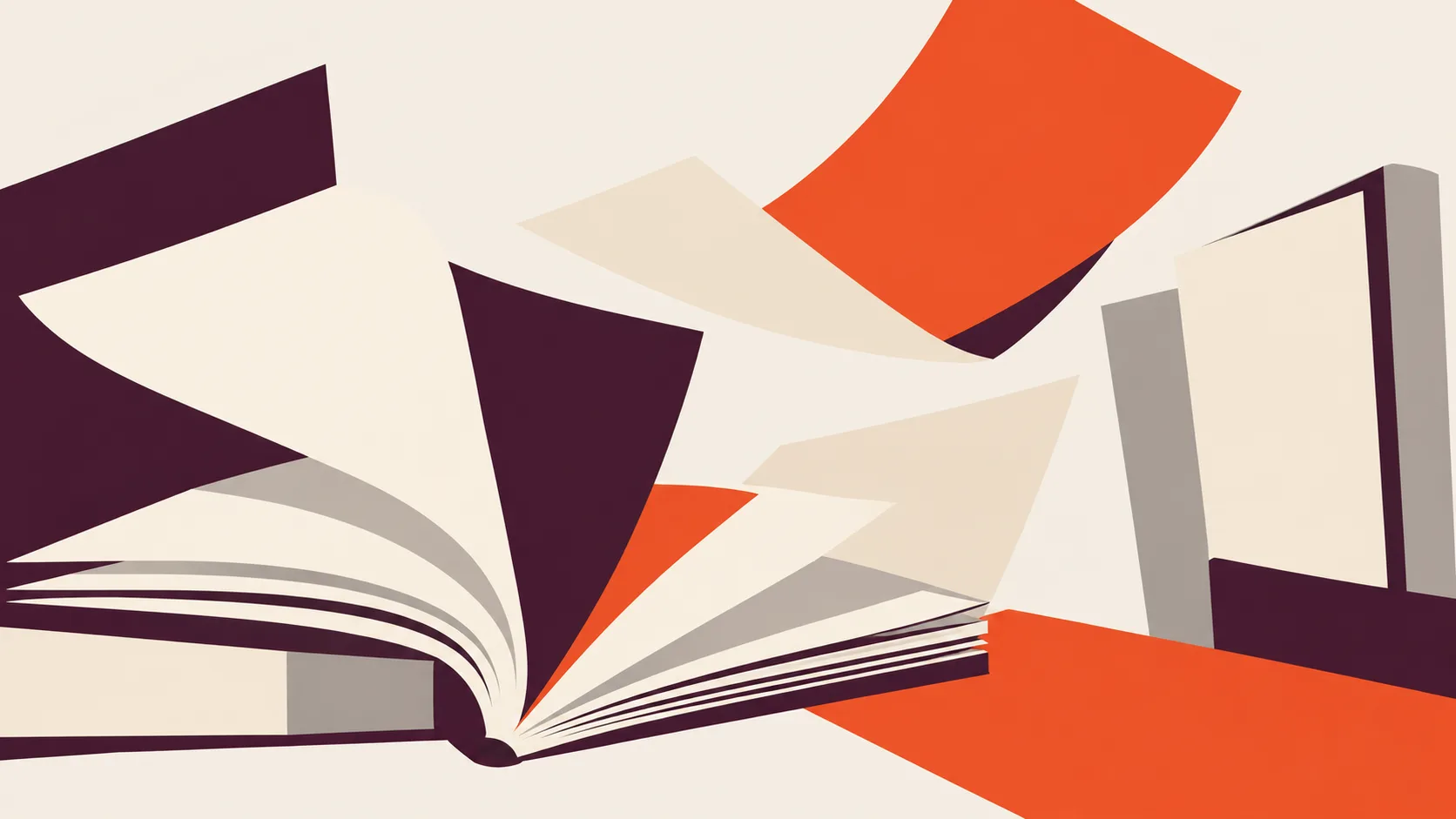 Illustration of open books with fluttering pages in plum, orange and cream