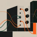 Graphic illustration of a modular synthesizer with orange and green patch cables