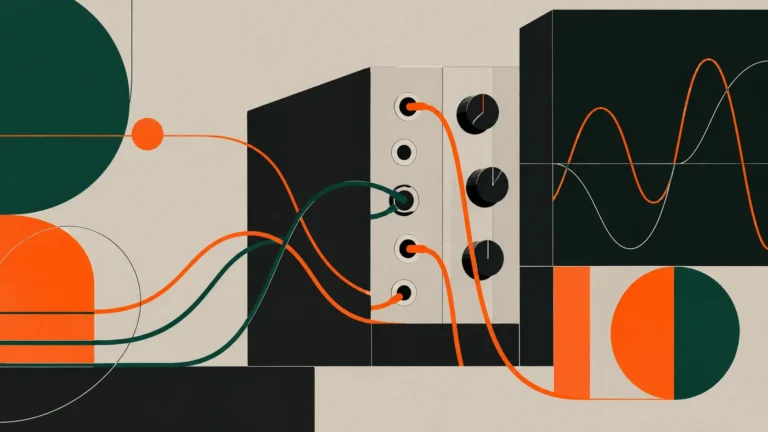 Graphic illustration of a modular synthesizer with orange and green patch cables