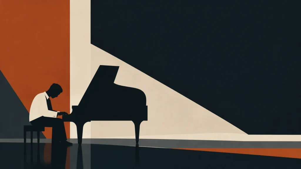 Silhouette of a pianist playing a grand piano in a dark room with diagonal light