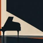 Silhouette of a pianist playing a grand piano in a dark room with diagonal light