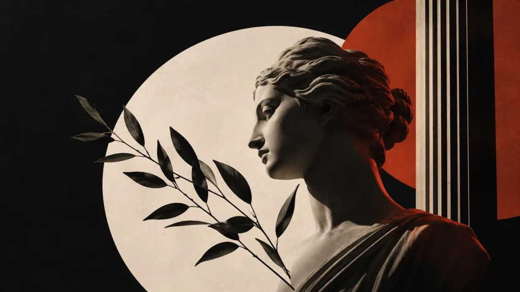Graphic collage of a classical female bust in profile with an olive branch and circles