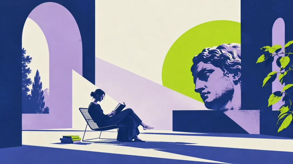 Woman reading in a wire chair beside a giant classical stone head under arches