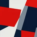Hard-edge abstract painting of red bands, navy fields and grey and white planes