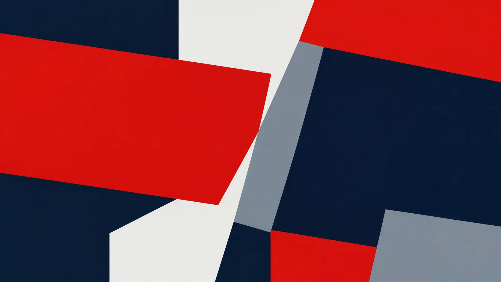 Hard-edge abstract painting of red bands, navy fields and grey and white planes