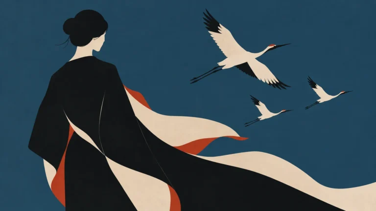 Woman in a flowing black robe seen from behind, watching three cranes in flight