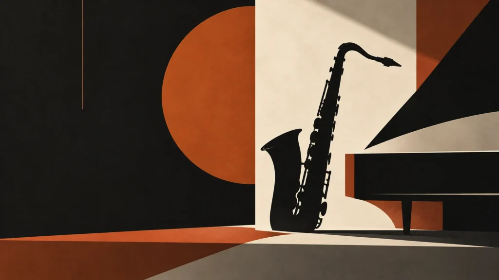 Flat illustration of a saxophone silhouette leaning beside a grand piano in angled light