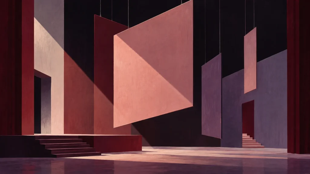 Theatre stage with suspended pink and mauve panels, red curtains and flights of steps