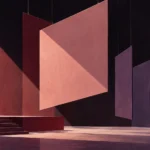 Theatre stage with suspended pink and mauve panels, red curtains and flights of steps