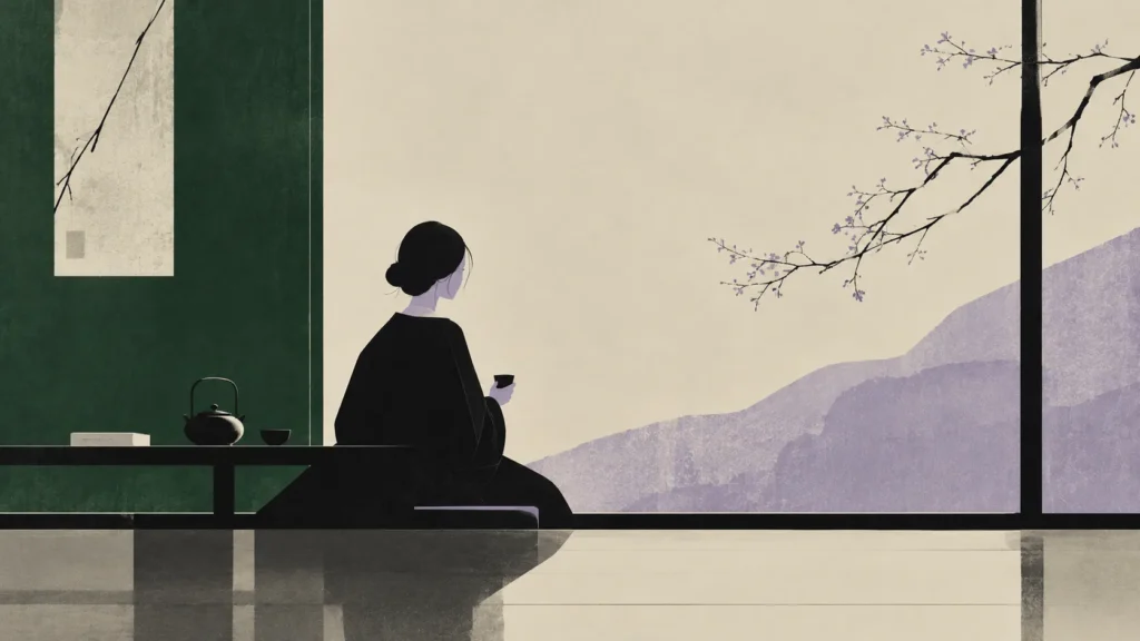 Woman seated with a teacup beside a low table, a blossom branch and lilac mountains