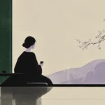Woman seated with a teacup beside a low table, a blossom branch and lilac mountains