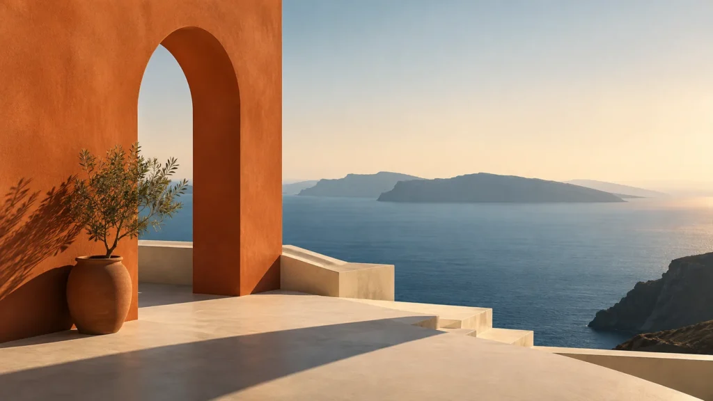 Terracotta arch on a pale terrace, a potted olive tree, and a calm sea beyond