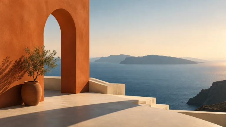 Terracotta arch on a pale terrace, a potted olive tree, and a calm sea beyond
