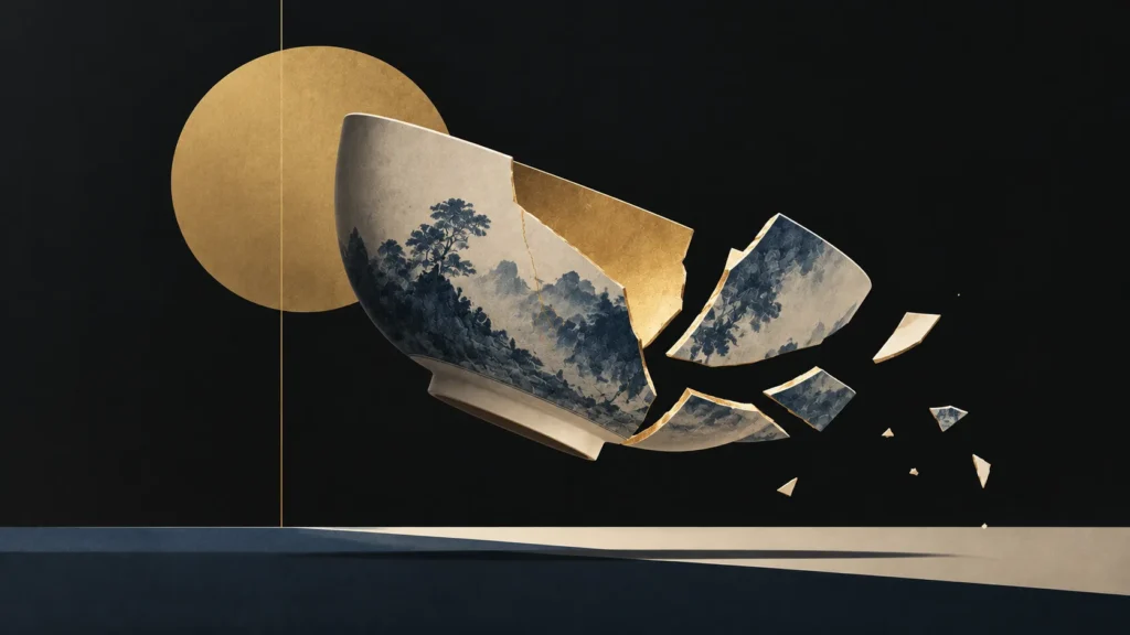 Blue-and-white porcelain bowl breaking apart in midair before a gold disc on black